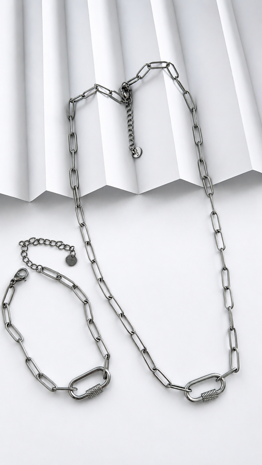 Collar y Pulsera Paperclip Plateados